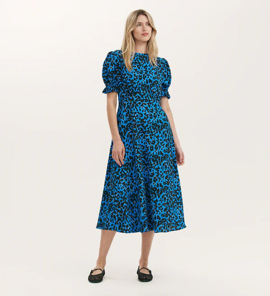 Mela Blue Animal Crepe Midi Tea Dress