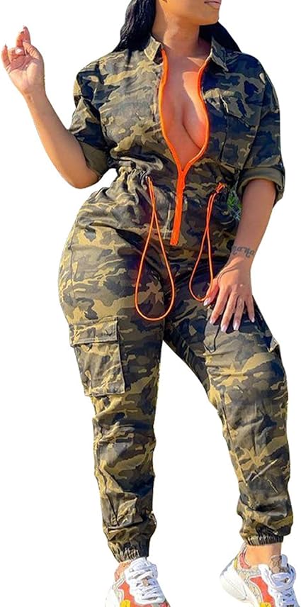 Women's Camouflage Print Jumpsuit Short Sleeve Drawstring Waist Contrast Color Camo One Piece Romper Overalls