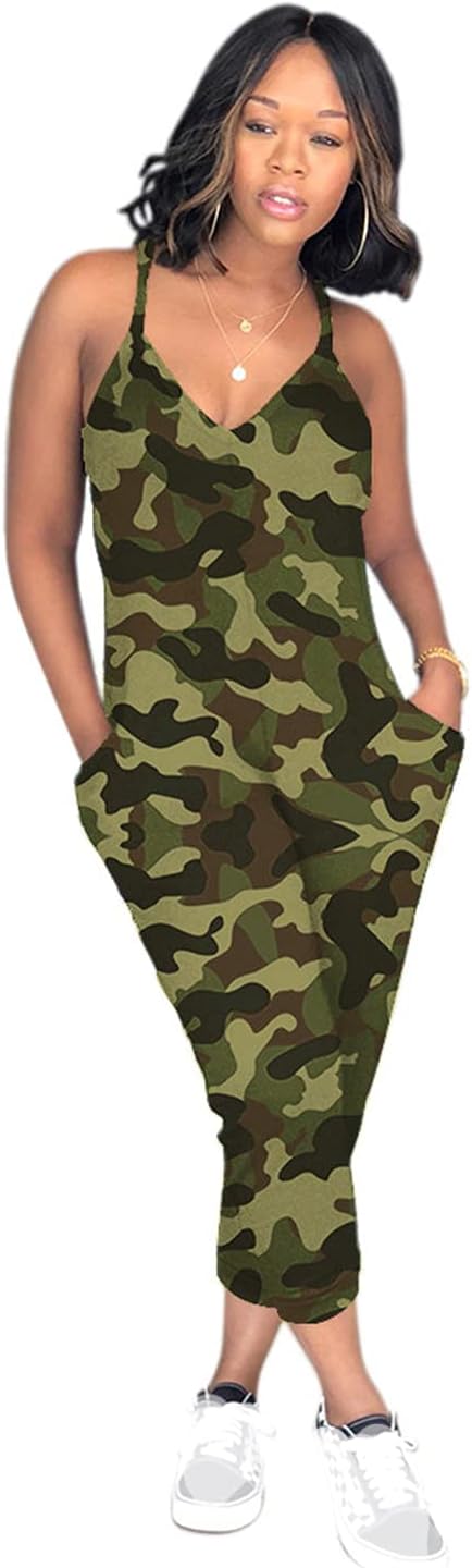 Womens Sleeveless Strap Camo Jumpsuits V Neck Racerback Plus Size Camouflage Jumpsuit One Piece Outfits Playsuit Overalls