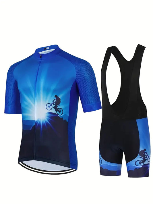 Men'S Short Sleeve Athletic Cycling Jersey and Shorts Set, Geometric Pattern, Knit Fabric, Stand Collar, Skinny Fit, Polyester 80%, Spandex 20%, Zipper Detail, Spring/Summer/Fall Sports Outfit